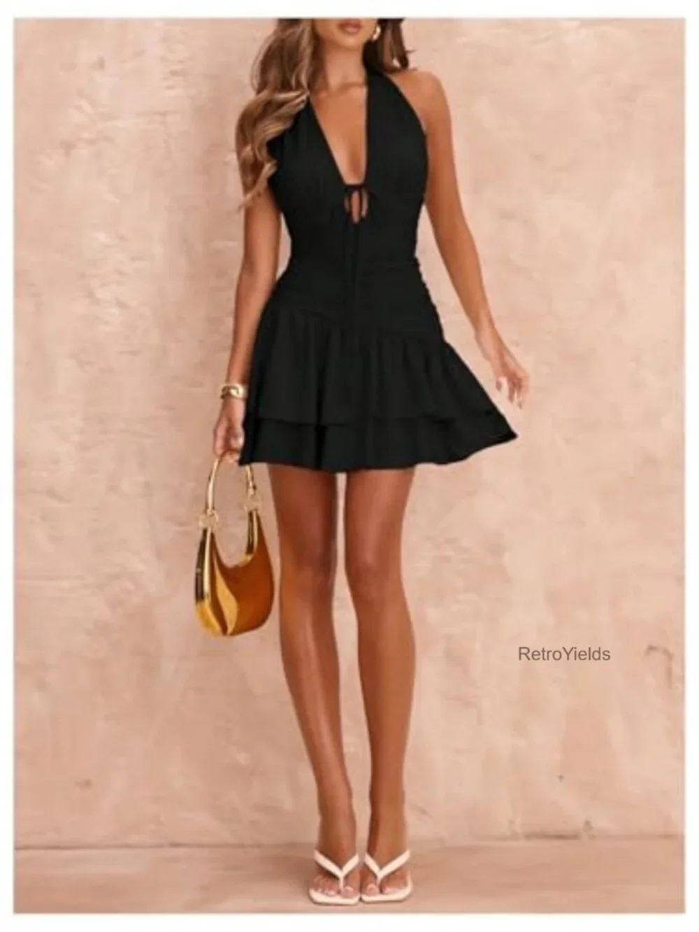 Deep V Neck Ruched Halter Mini Dress Tie Front Asymmetrical Party Club Dress - Picture 4 of 5